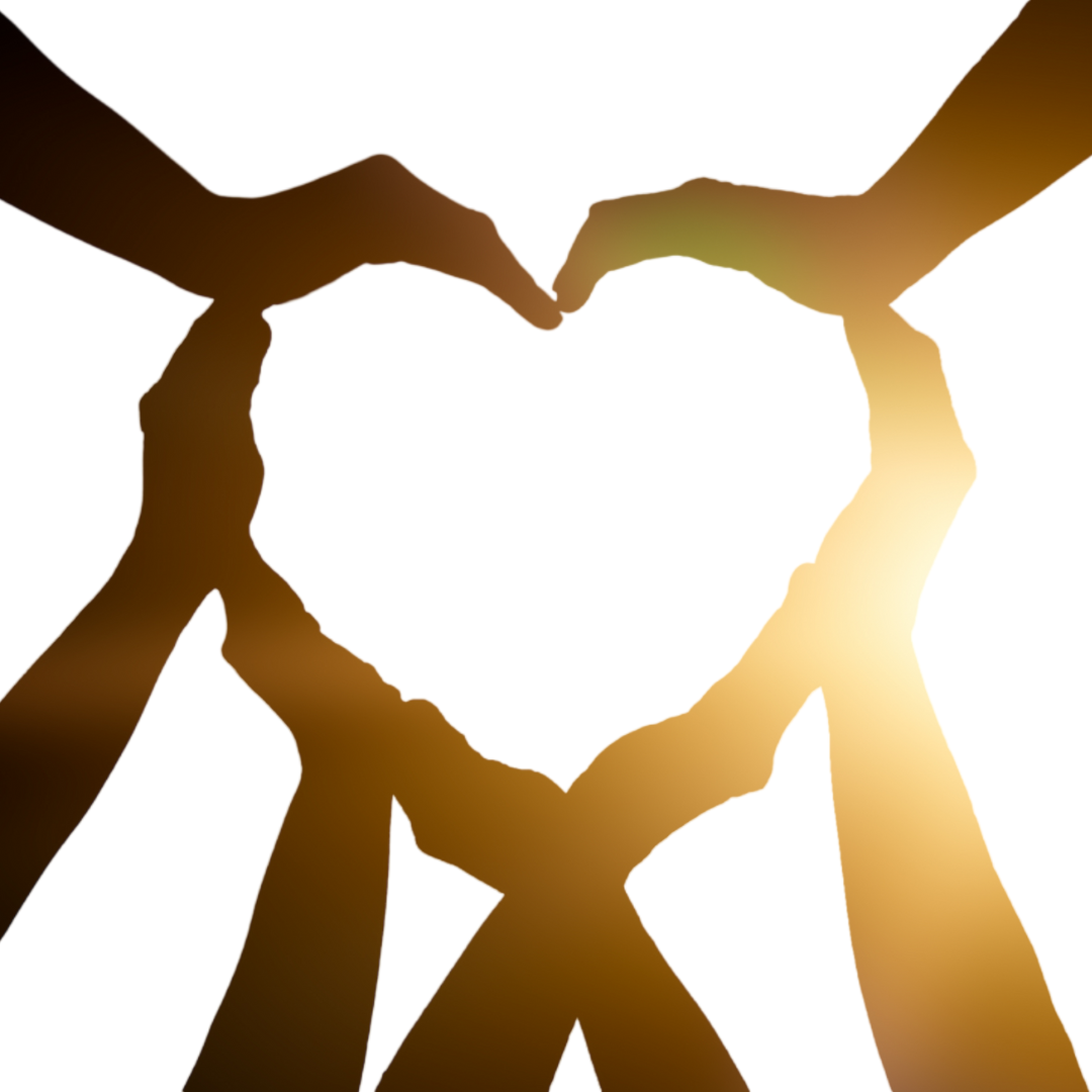 Silhouette of two people forming a heart shape with their hands, symbolizing love as a core element of human connection and purpose.
