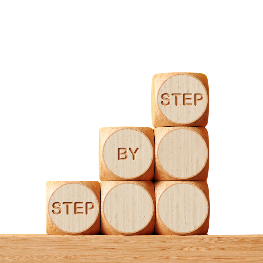 Wooden blocks stacked in a staircase shape with the words "STEP BY STEP" written on them, symbolizing gradual progress and personal growth.